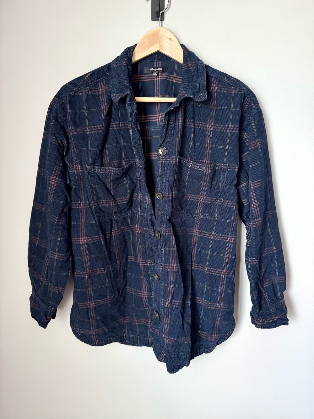 Madewell Navy Windowpane Plaid Corduroy Shacket Button Up Shirt with Pockets